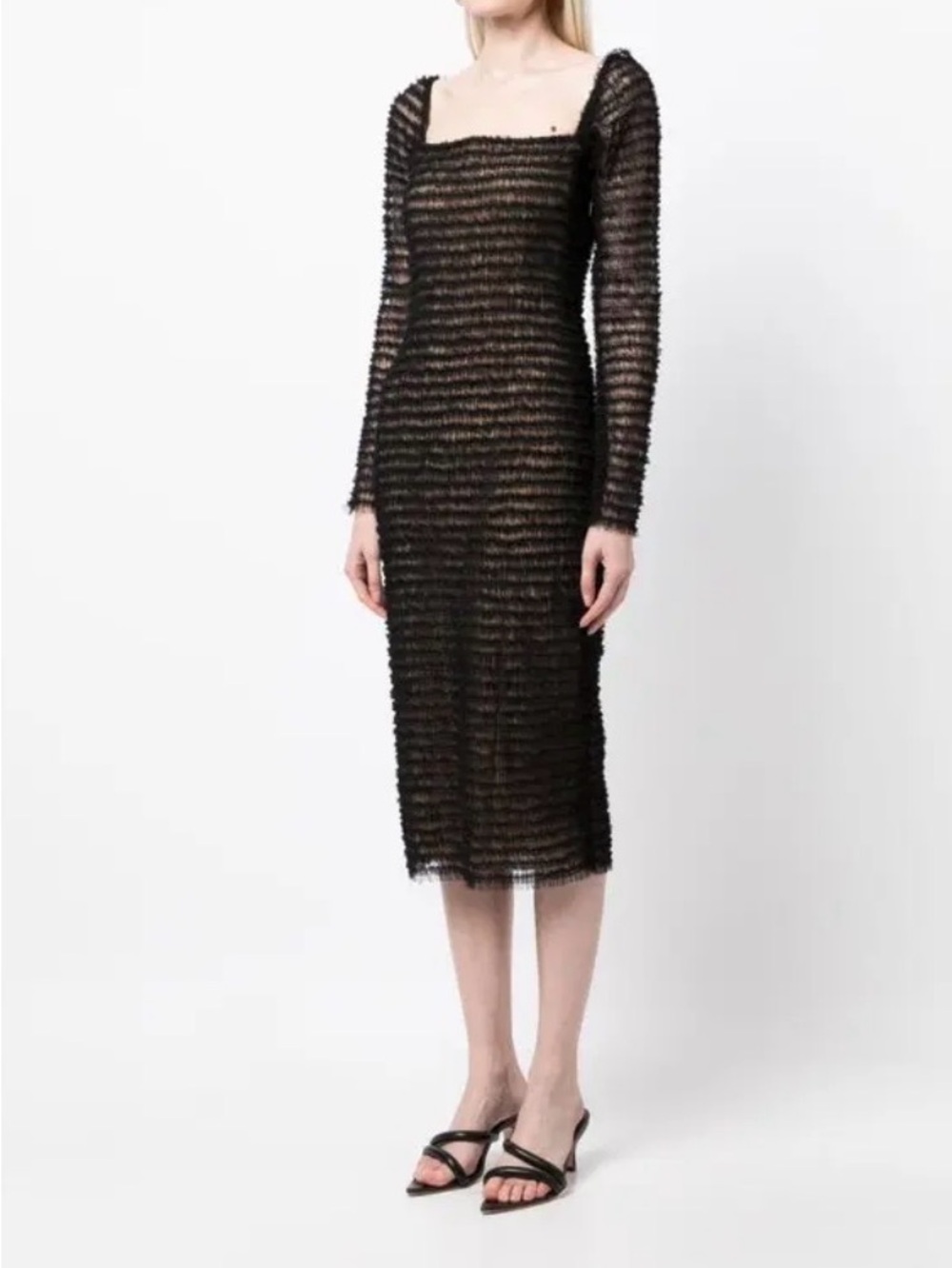 Jason Wu Sheer Textured Long Sleeve Midi Dress in Black